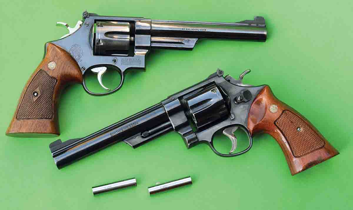 Using plug gauges will best determine the throat size of a period Smith & Wesson Model 25-2 (aka 1955 Target) chambered in .45 ACP. Most period guns usually feature throats that measure .454 to .456 inch.